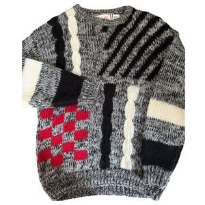 VTG 80's Grandpa Sweater Men L Gray Black Red Preppy Chunky Fisherman Gabrielle